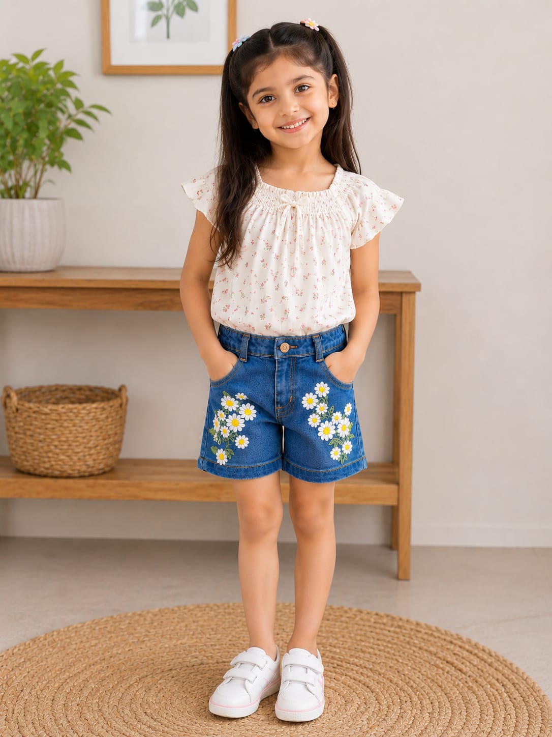 Girls' Daisy Embroidered Patterned Denim Shorts