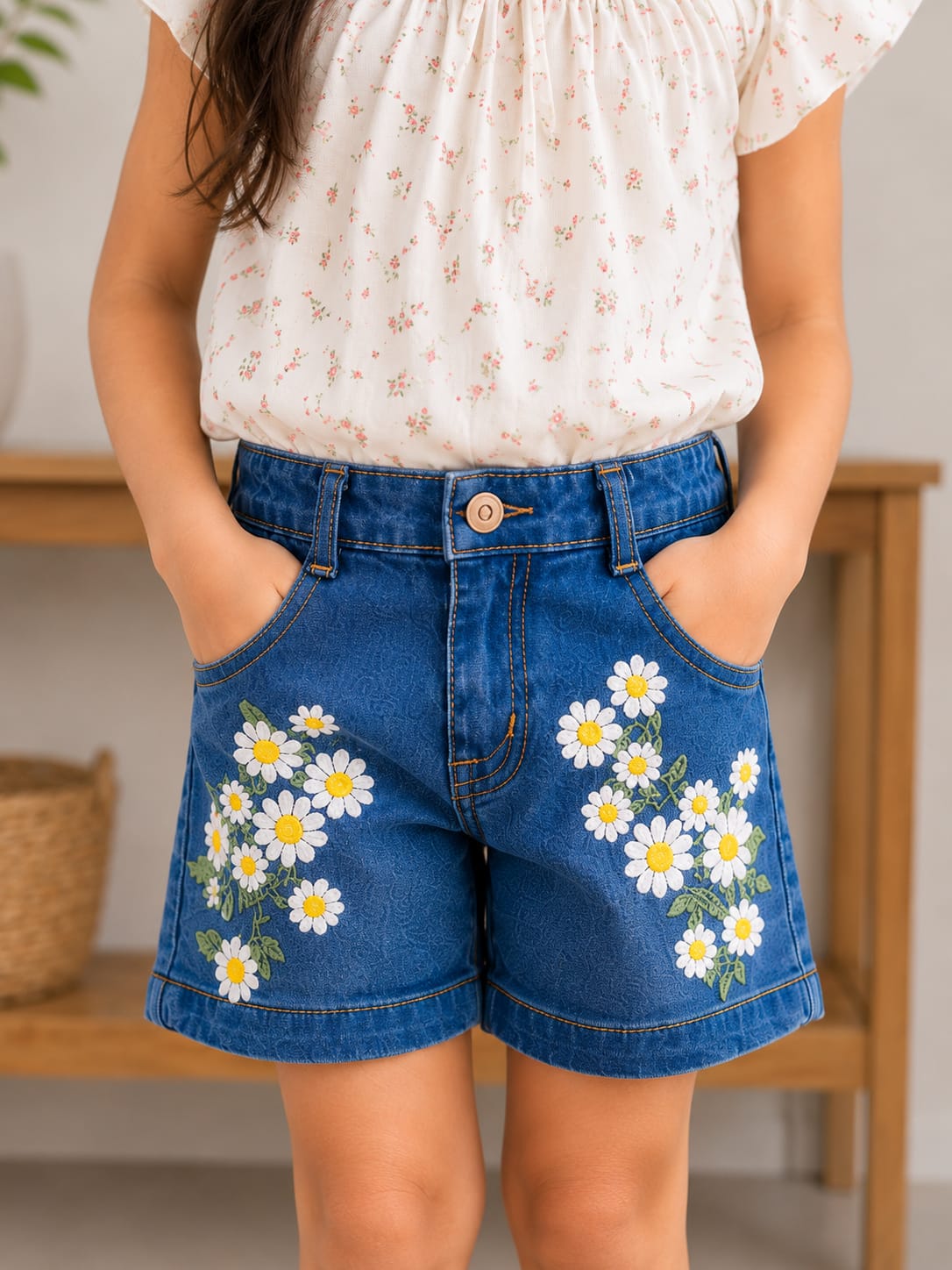 Girls' Daisy Embroidered Patterned Denim Shorts