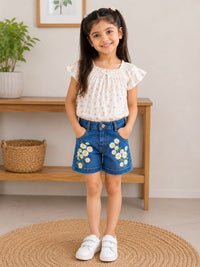 Girls' Daisy Embroidered Patterned Denim Shorts