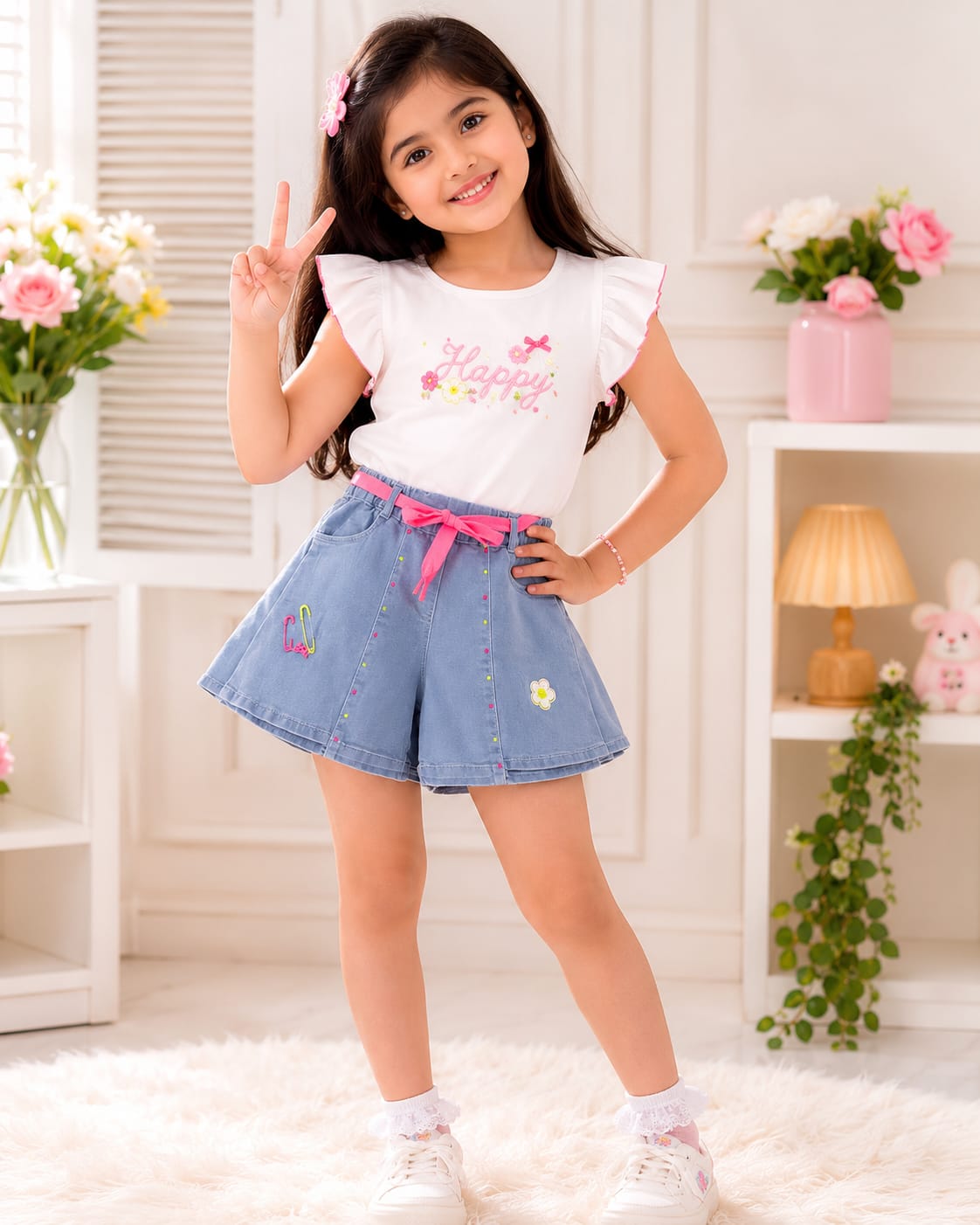 Girls' Playful Flared Denim Skort Shorts with Belt
