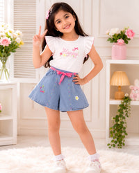 Girls' Playful Flared Denim Skort Shorts with Belt