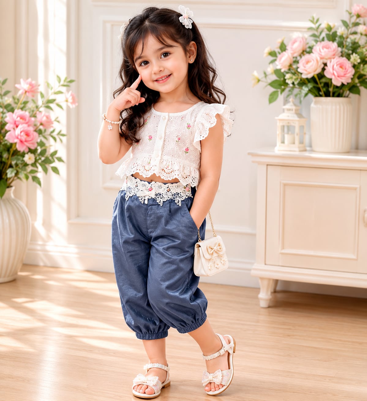 Girls' Lace-Waist Denim Capri Pants.