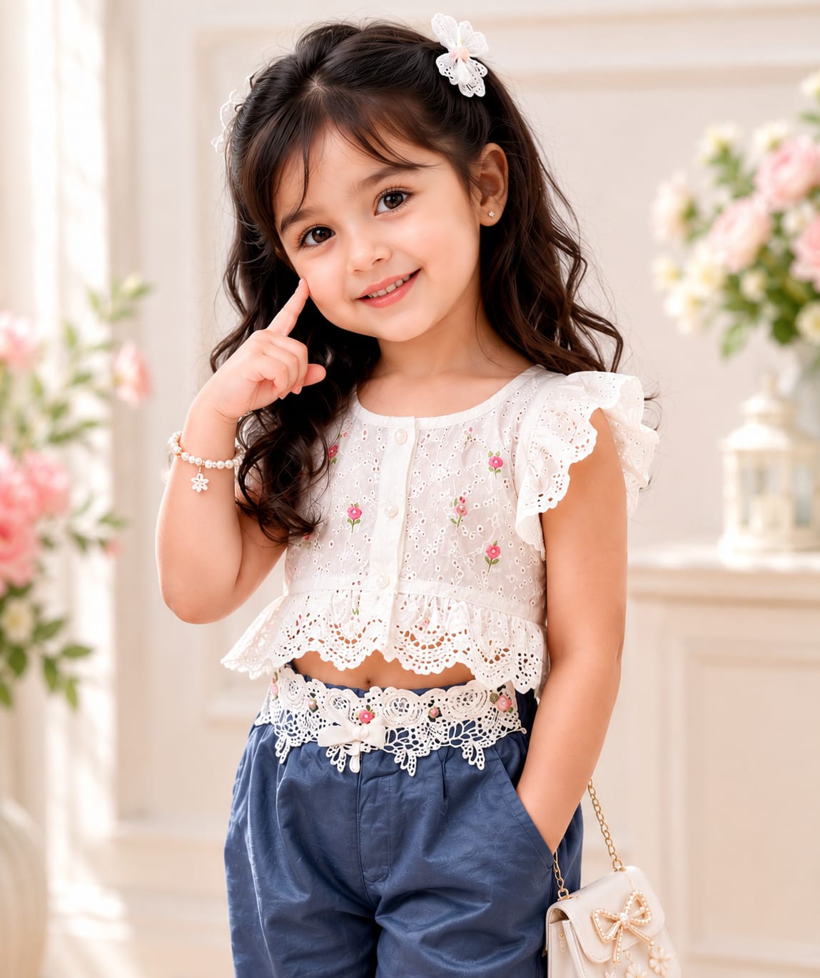 Girls' Lace-Waist Denim Capri Pants.