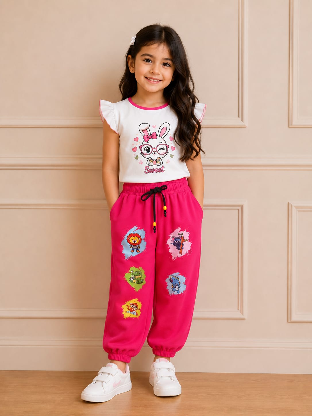 Girls' Cartoon Friends Graphic Fleece Jogger Trackpants – Hot Pink