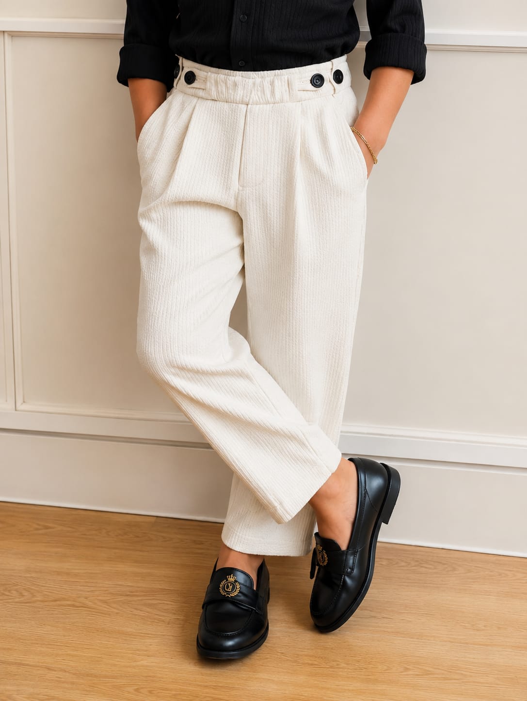 Boys' Premium Pleated Corduroy-Knit Trousers – Off-White
