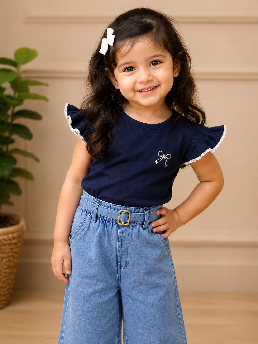 Girls Light Wash Wide-Leg Frayed Denim Culottes with Belt