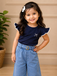 Girls Light Wash Wide-Leg Frayed Denim Culottes with Belt