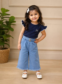 Girls Light Wash Wide-Leg Frayed Denim Culottes with Belt