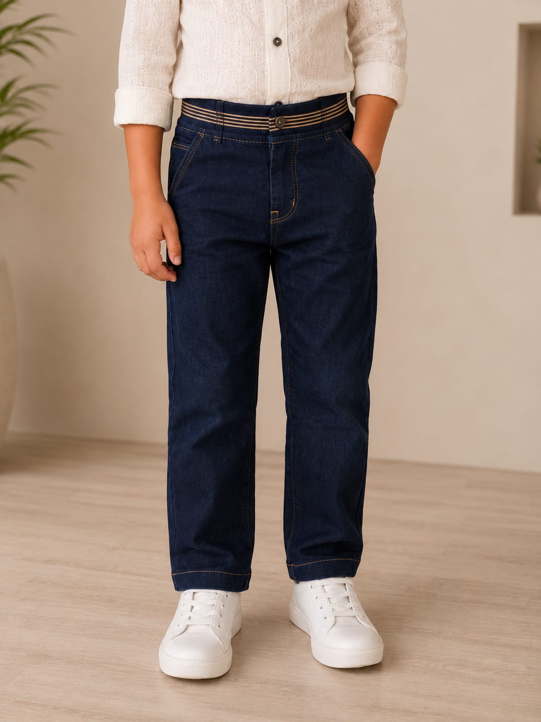 Boys Premium Dark Indigo Regular Fit Jeans with Striped Waistband Accent