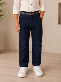 Boys Premium Dark Indigo Regular Fit Jeans with Striped Waistband Accent