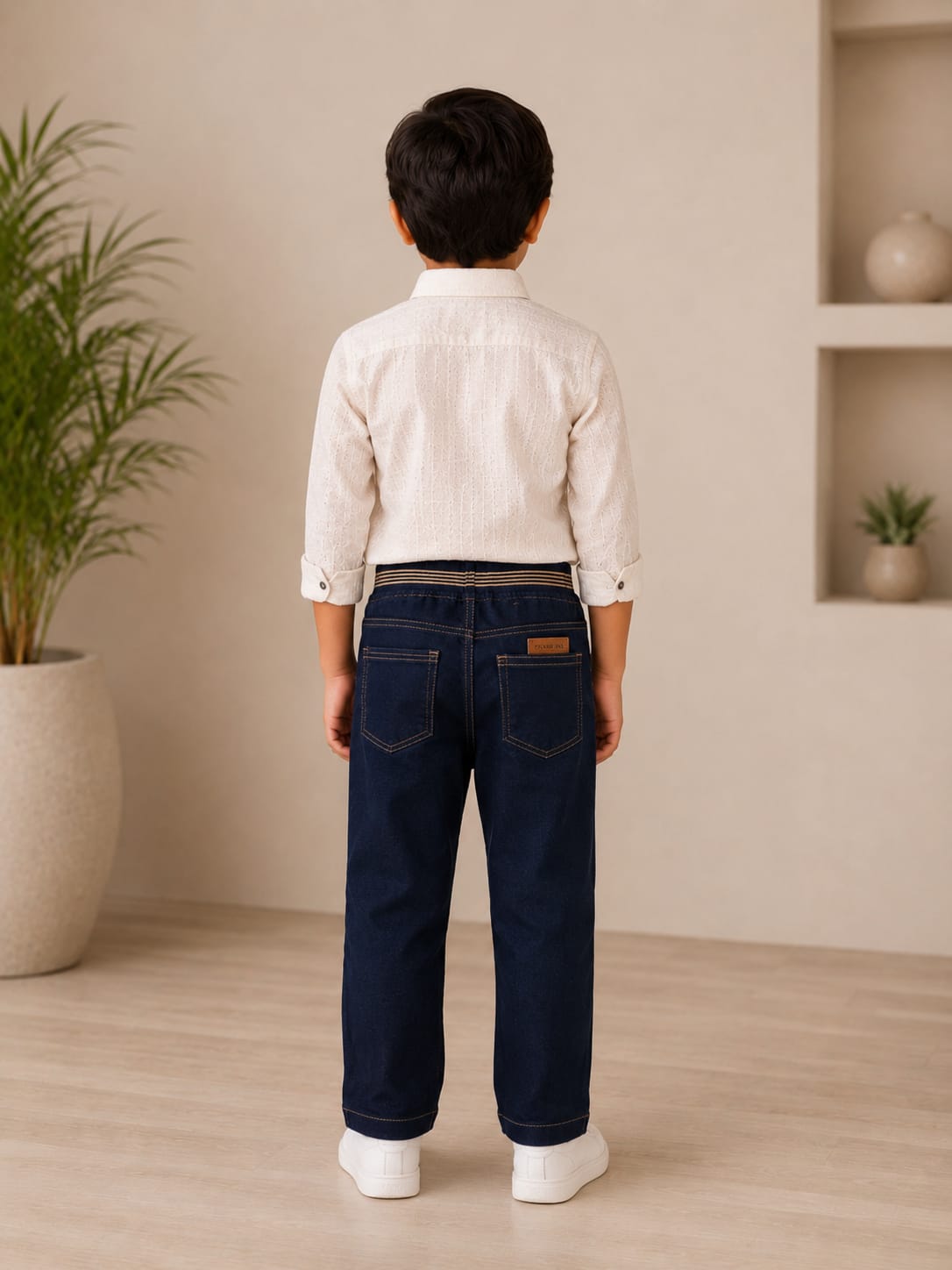 Boys Premium Dark Indigo Regular Fit Jeans with Striped Waistband Accent