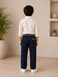 Boys Premium Dark Indigo Regular Fit Jeans with Striped Waistband Accent