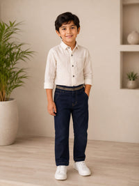 Boys Premium Dark Indigo Regular Fit Jeans with Striped Waistband Accent