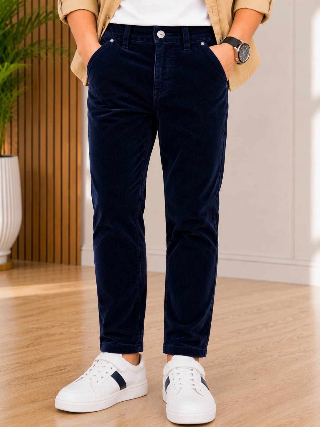 Boys Premium Navy Blue Slim Fit Velvet-Texture Jeans
