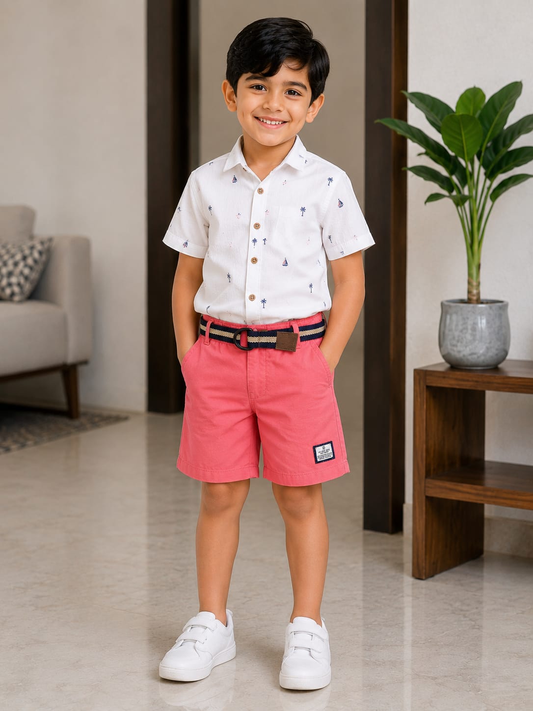 Boys Premium Coral Pink Cotton Chino Shorts with Webbing Belt