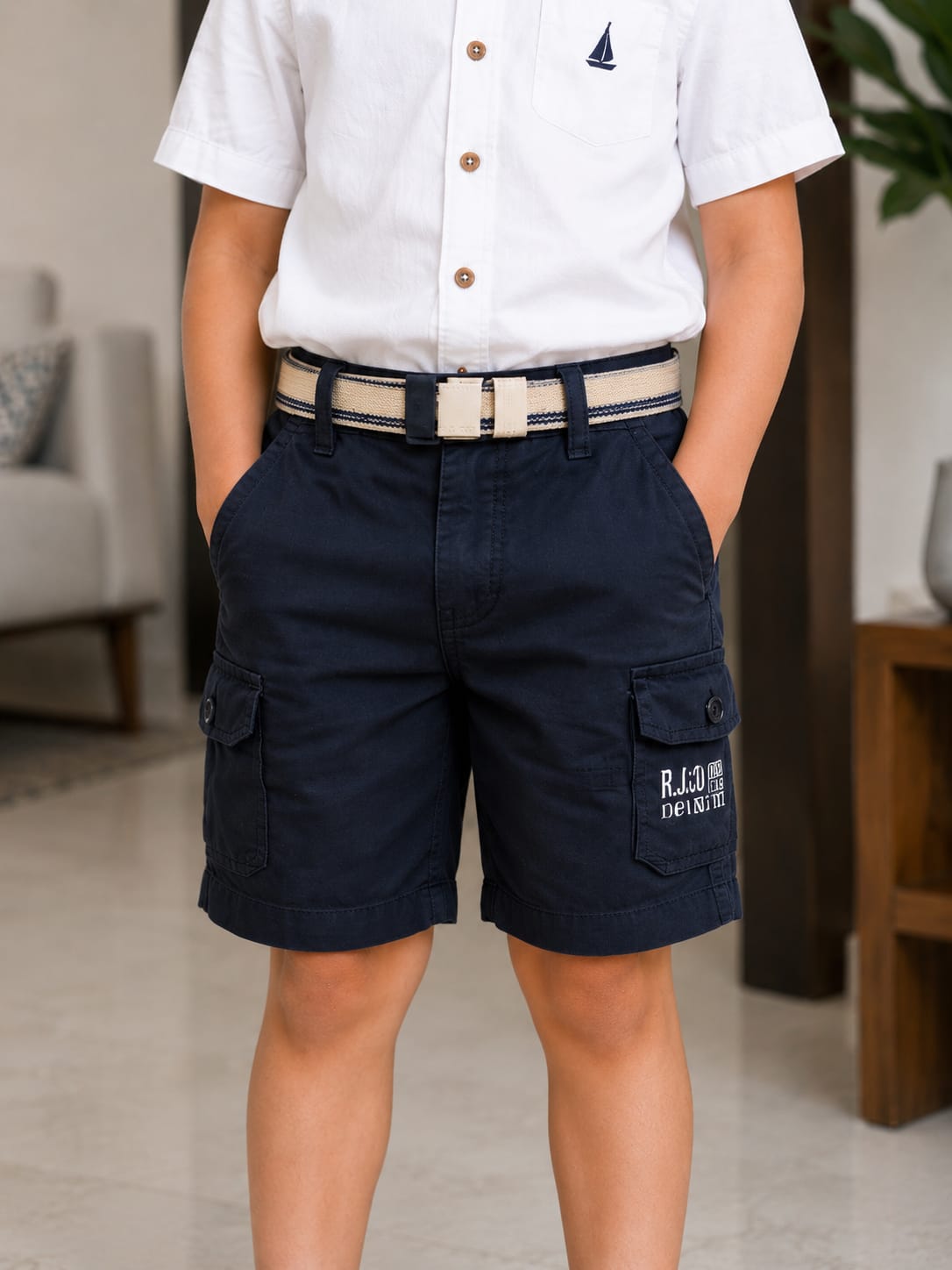 Boys Premium Navy Blue Cargo Shorts with Webbing Belt