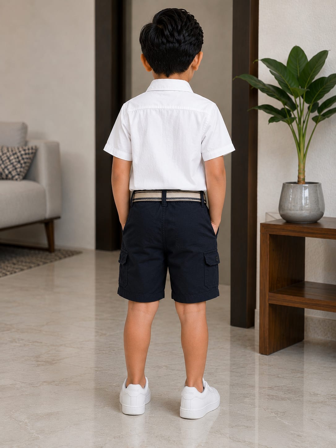 Boys Premium Navy Blue Cargo Shorts with Webbing Belt