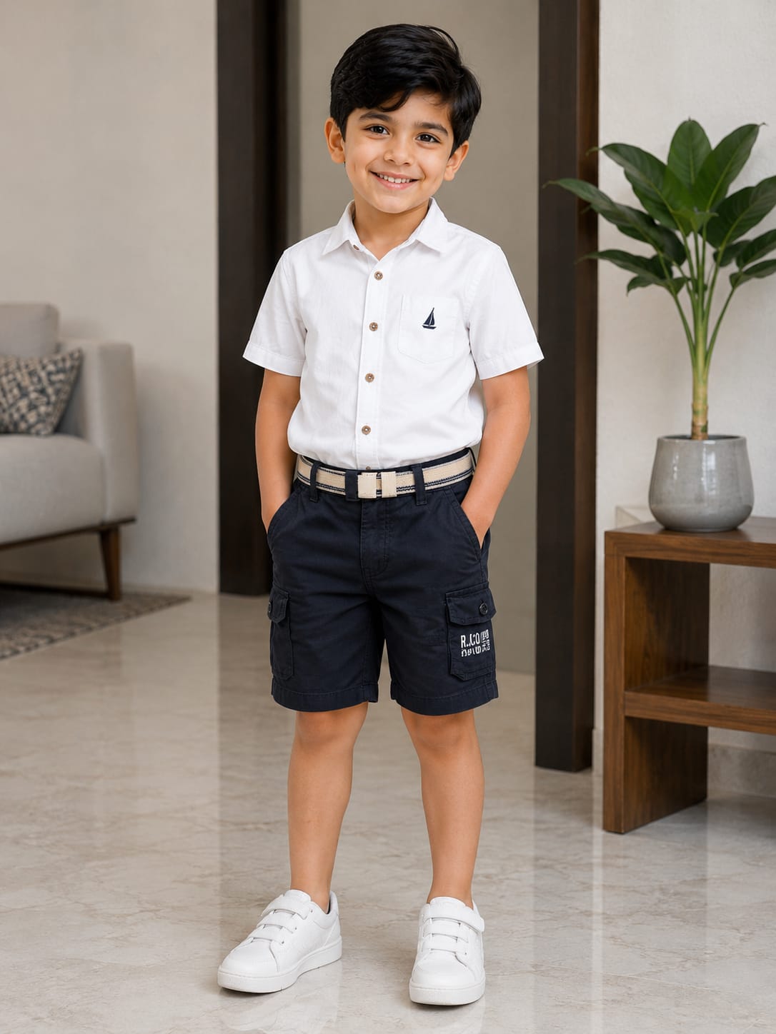 Boys Premium Navy Blue Cargo Shorts with Webbing Belt