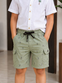 Boys Premium Sage Green Printed Cargo Shorts with Drawstring Waist