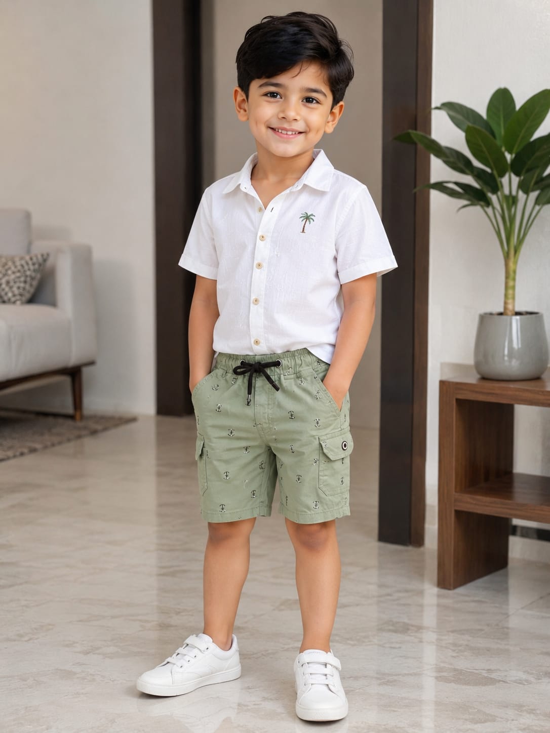 Boys Premium Sage Green Printed Cargo Shorts with Drawstring Waist