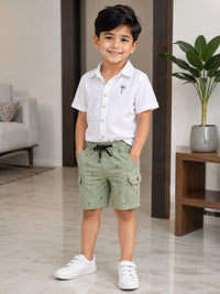 Boys Premium Sage Green Printed Cargo Shorts with Drawstring Waist