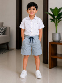 Boys Premium Khaki Printed Cargo Shorts with Elasticated Drawstring Waist