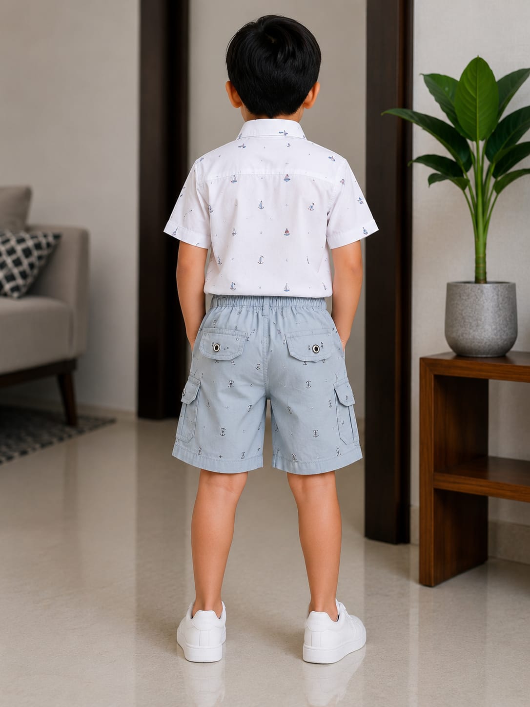 Boys Premium Khaki Printed Cargo Shorts with Elasticated Drawstring Waist