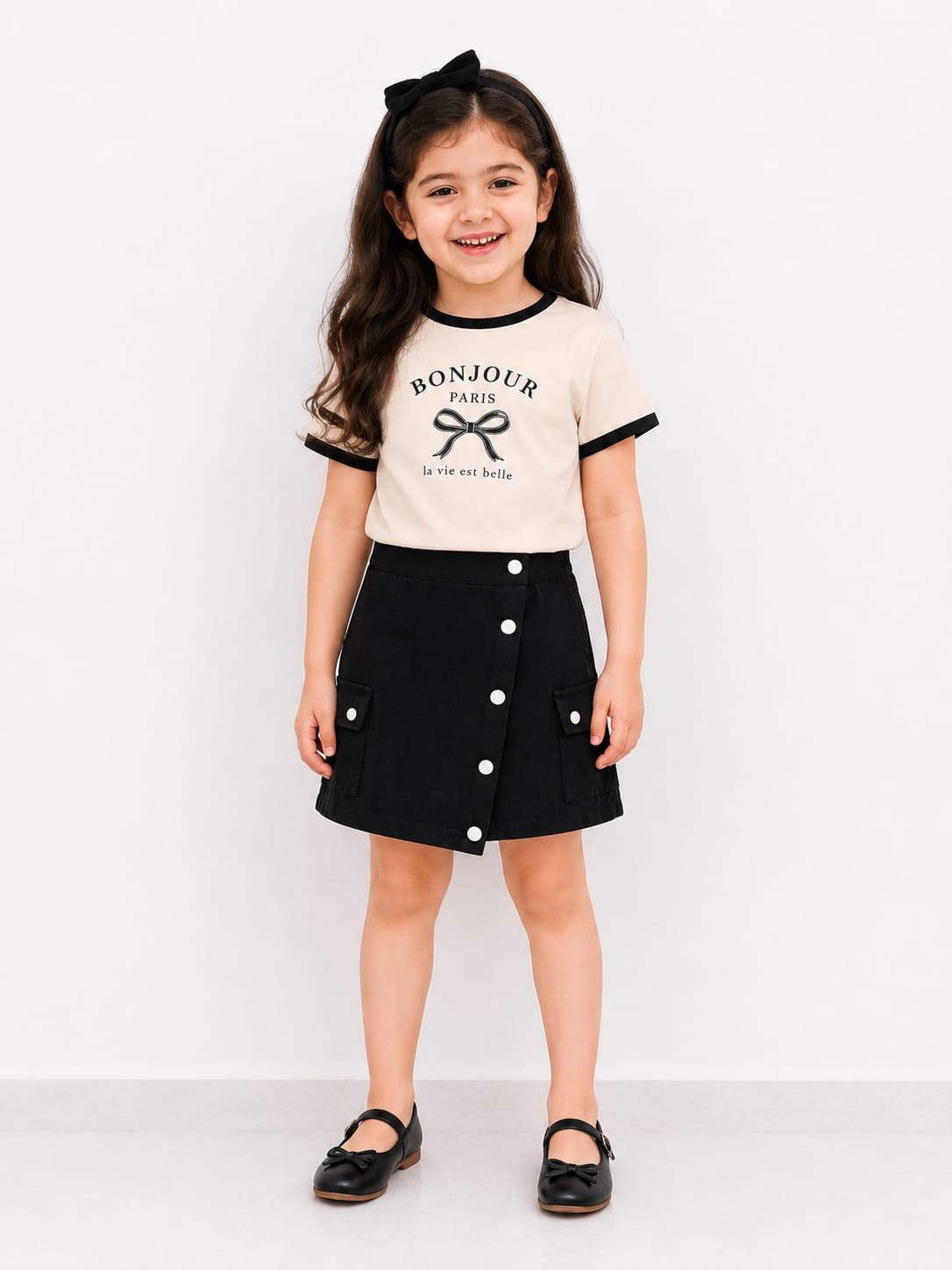 Girls Premium Black Denim Button-Front Skort