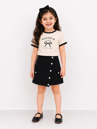 Girls Premium Black Denim Button-Front Skort
