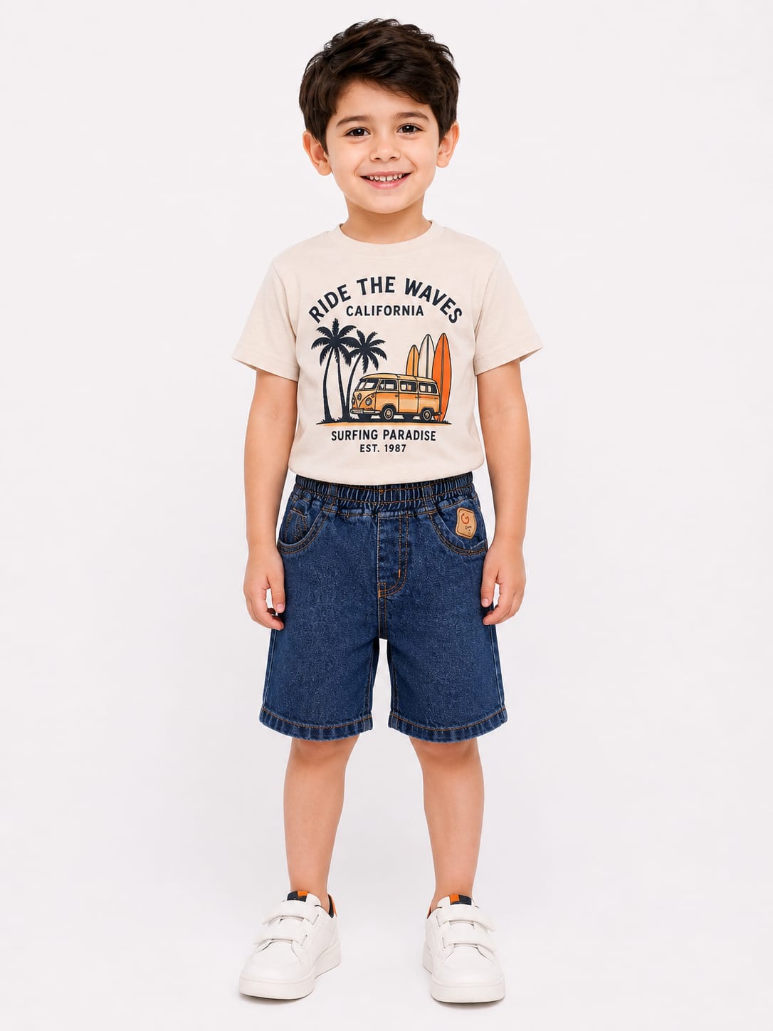 Boys Premium Mid-Wash Denim Cargo Shorts with Webbing Belt