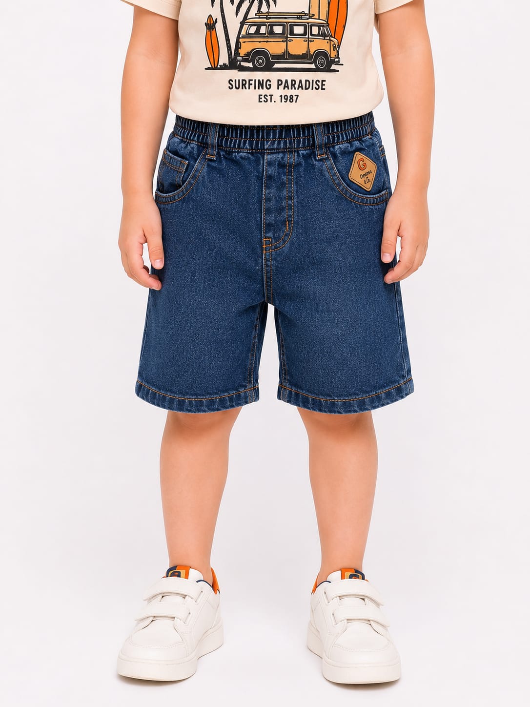 Boys Premium Mid-Wash Denim Cargo Shorts with Webbing Belt