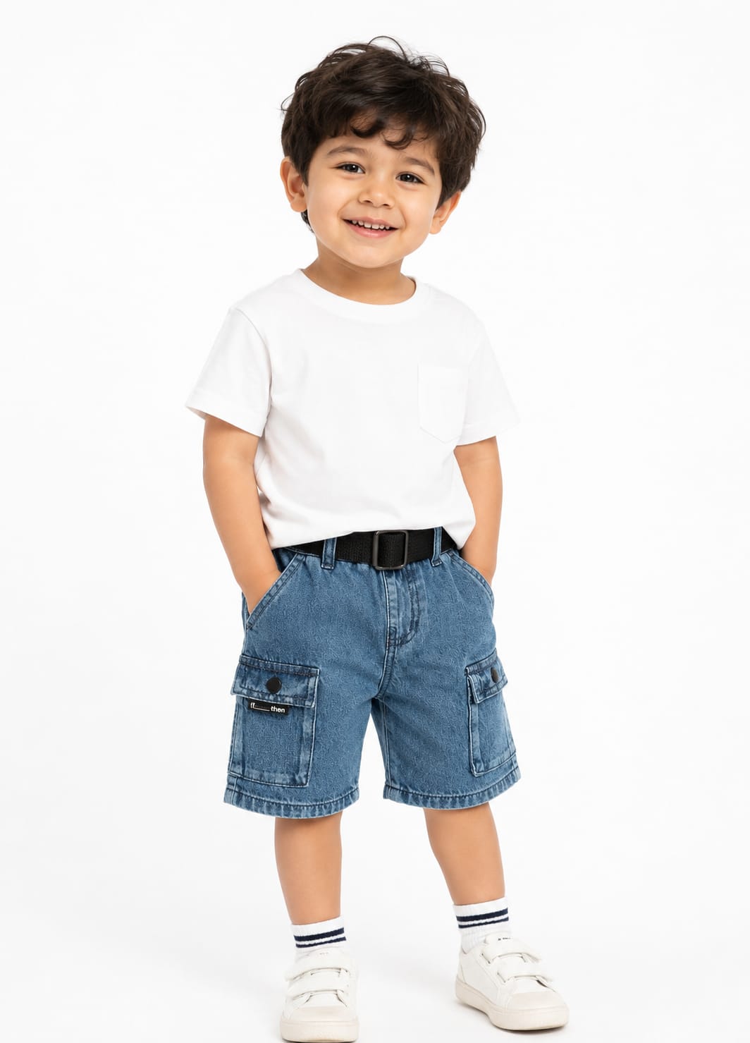 Boys Premium Mid-Wash Denim Cargo Shorts with Webbing Belt