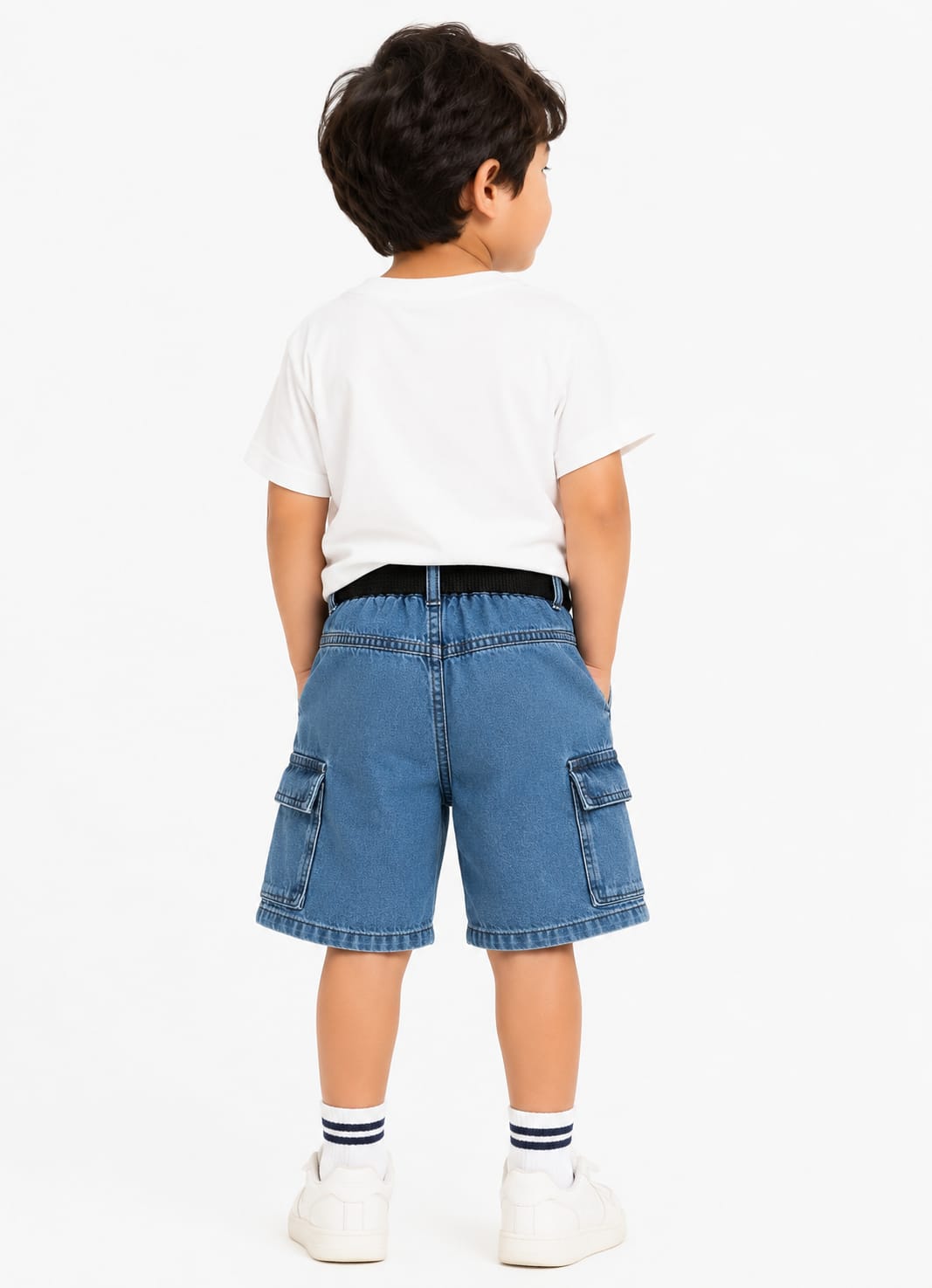 Boys Premium Mid-Wash Denim Cargo Shorts with Webbing Belt