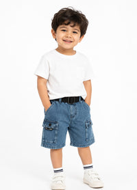 Boys Premium Mid-Wash Denim Cargo Shorts with Webbing Belt