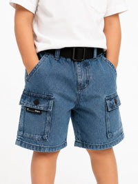 Boys Premium Mid-Wash Denim Cargo Shorts with Webbing Belt