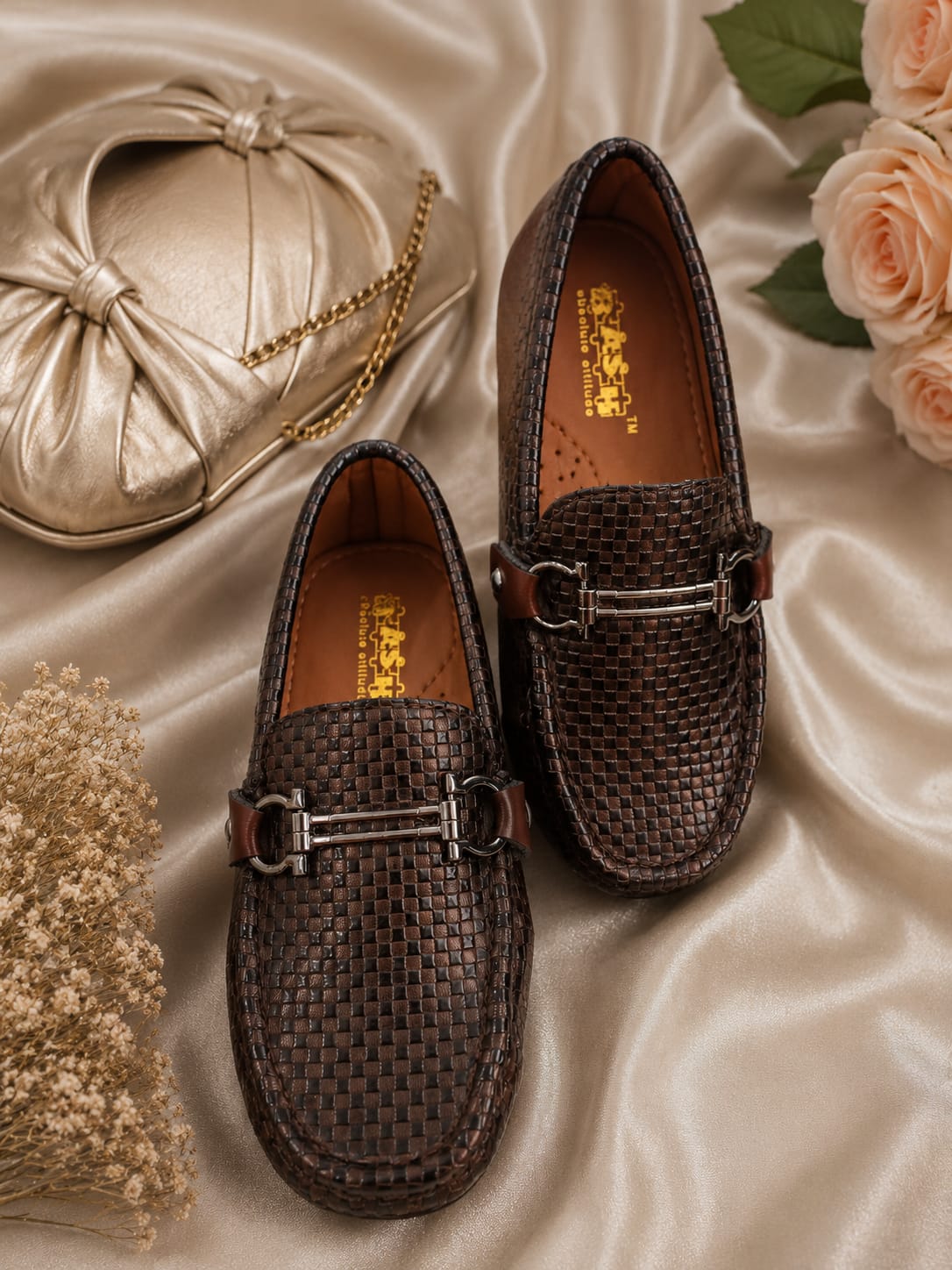 Dapper Kids' Woven-Texture Bit Loafers – Dual-Tone Brown