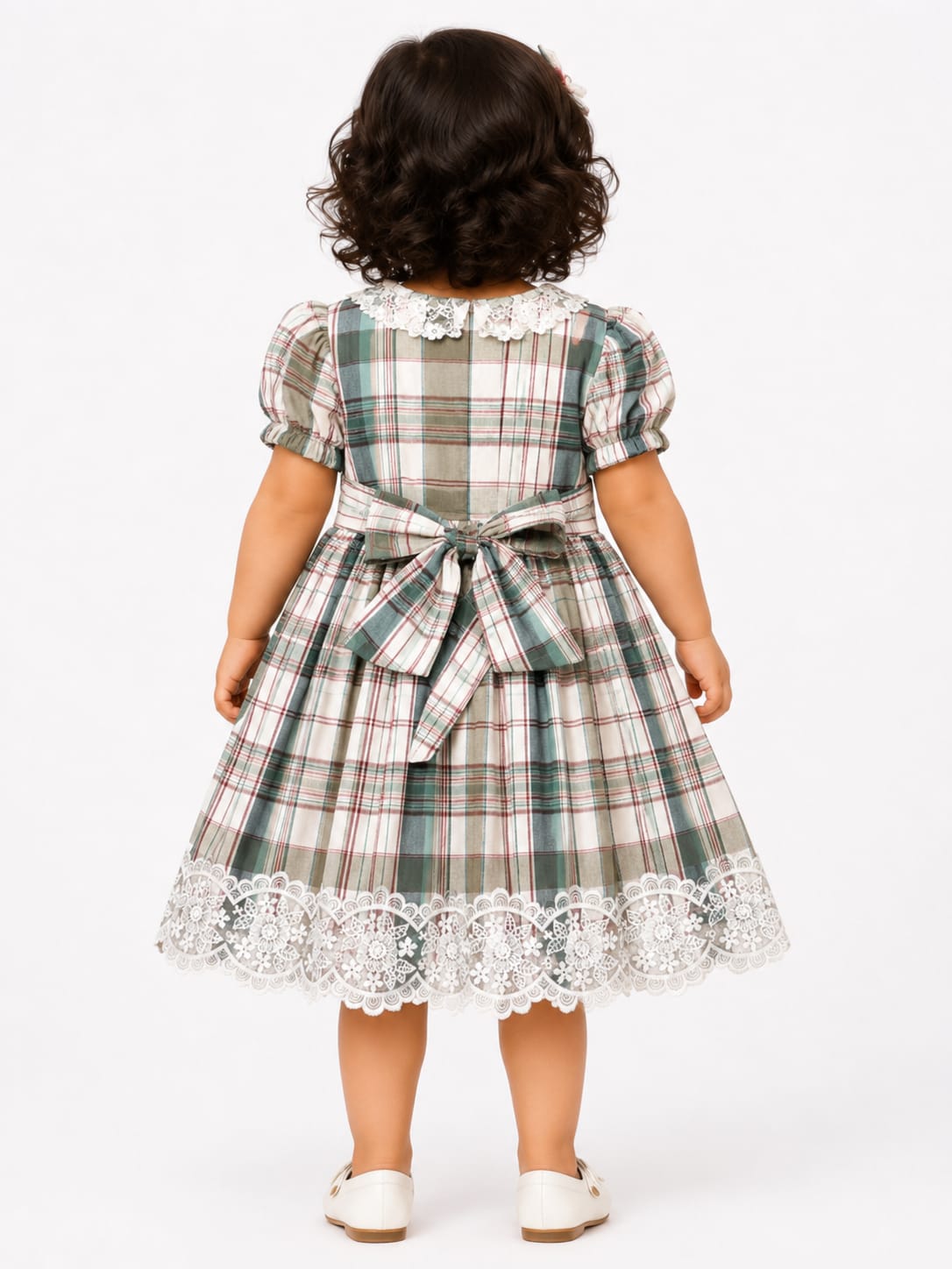 Girls Vintage Plaid Embroidered Lace Frock