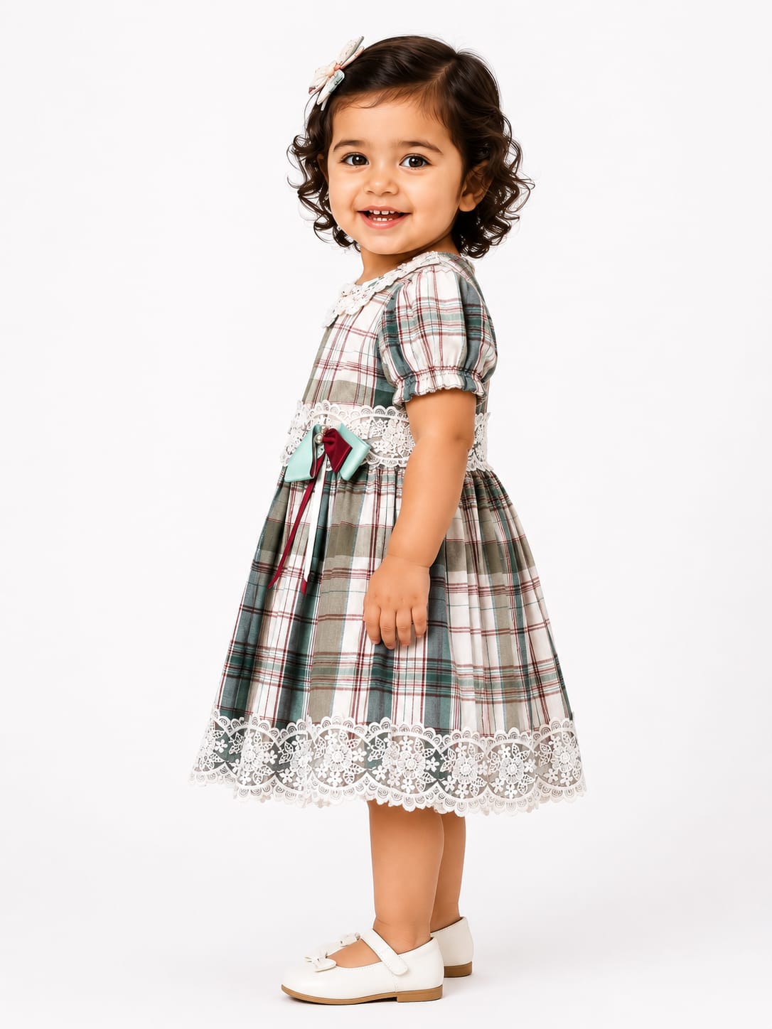 Girls Vintage Plaid Embroidered Lace Frock