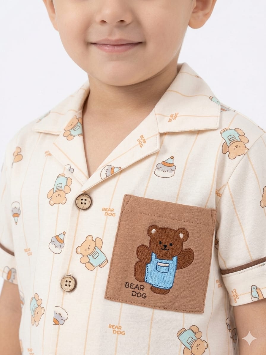 Charming Kids' Teddy Bear Print Nightwear Set – Cream & Brown