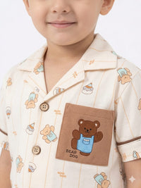 Charming Kids' Teddy Bear Print Nightwear Set – Cream & Brown