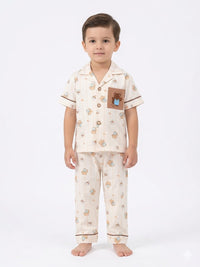 Charming Kids' Teddy Bear Print Nightwear Set – Cream & Brown
