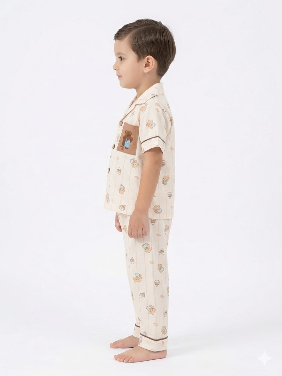 Charming Kids' Teddy Bear Print Nightwear Set – Cream & Brown