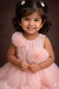 Peach Partywear Frill Frock with Detachable Trail