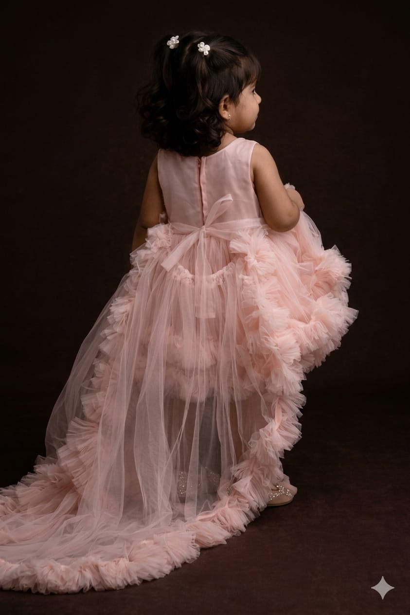 Peach Partywear Frill Frock with Detachable Trail