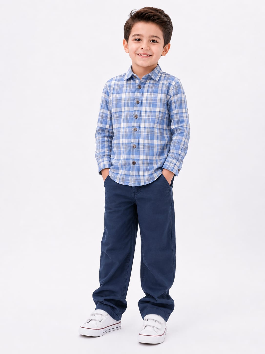Boys' Classic Plaid Button-Down Long-Sleeve Blue Shirt