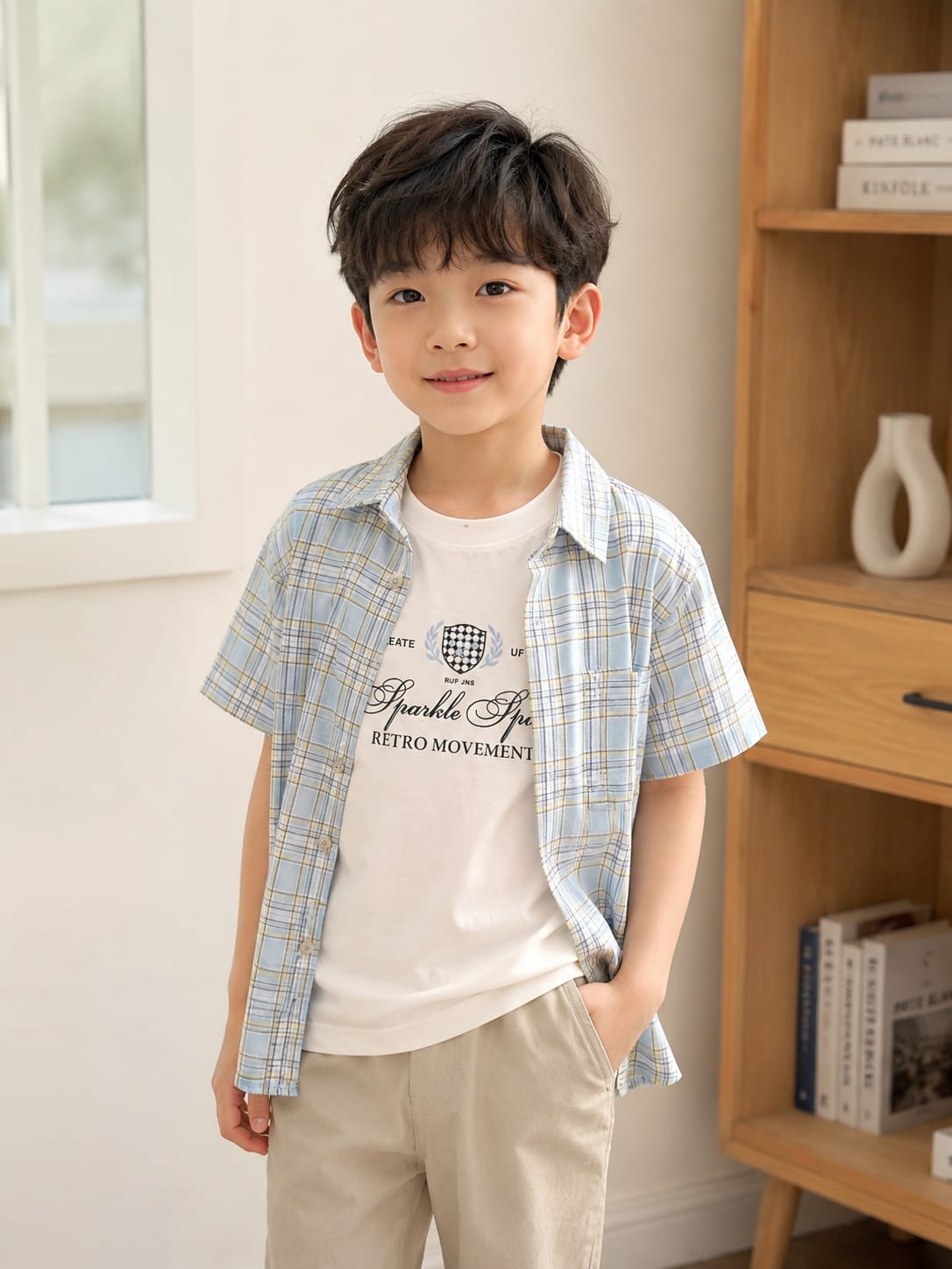 Boys' Pastel Plaid Short-Sleeve Button-Down Shirt
