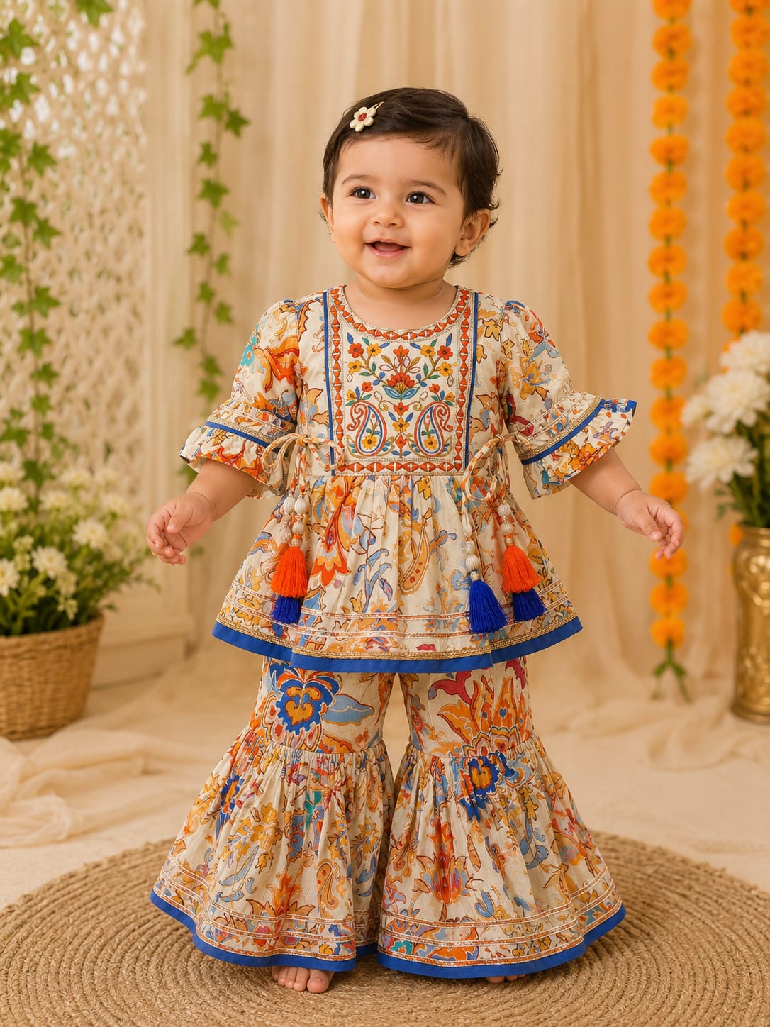 Toddler Girls' Festive Multi-Color Floral Peplum Kurti & Sharara Set