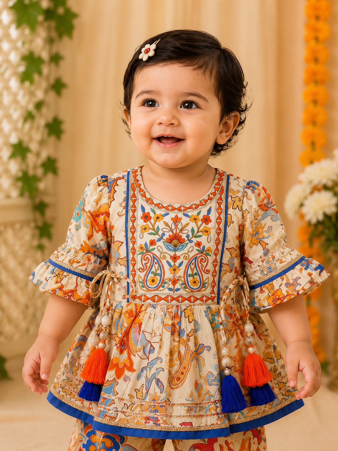 Toddler Girls' Festive Multi-Color Floral Peplum Kurti & Sharara Set