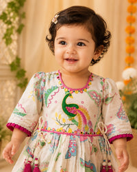 Toddler Girls' Festive Peacock Motif Peplum Kurti & Dhoti Salwar Set