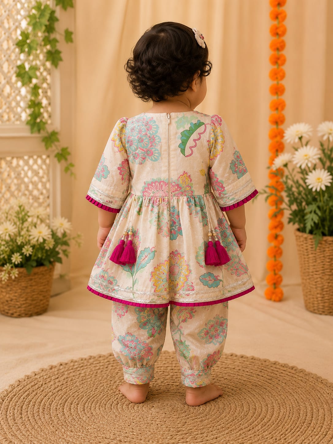 Toddler Girls' Festive Peacock Motif Peplum Kurti & Dhoti Salwar Set